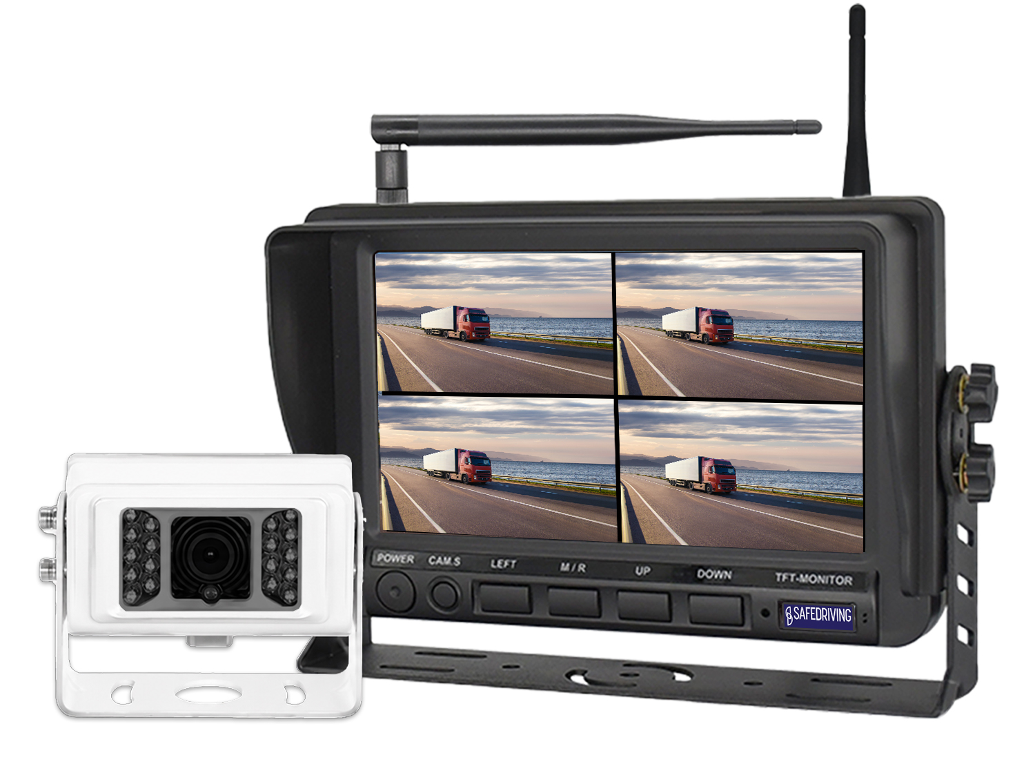 Kamerasystem 7" 1080P Trådlös Vit Kamera 18IR (Inbyggd Antenn) QUAD 4CH